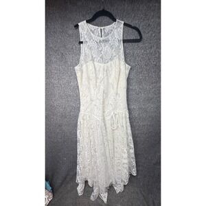 Roberta California Lace Sparkle Drop Waist Dress Ivory Sleeveless Midi Y2k